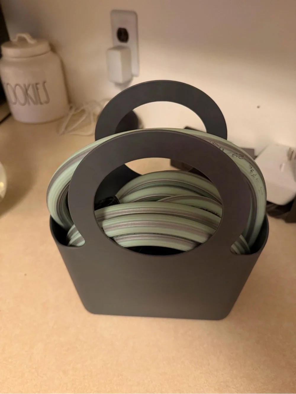 Gray Herb Garden Hose Caddy with Mint Green Hose